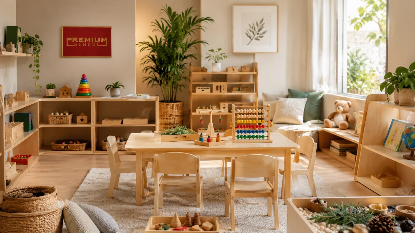 Premium School posterli modern Montessori sınıfı — fiziksel altyapı tasarımı