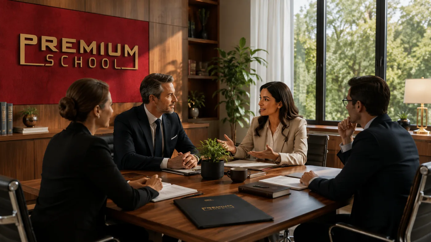 Premium School danışmanlık toplantısı — bordo duvar plakası ile uzman ekosistemi